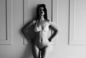 women, portrait, bikini top, belly, tattoo, hips, wall, monochrome, the gap ...