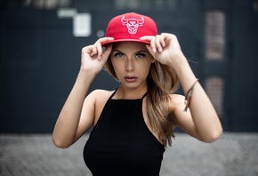 women, portrait, blonde, baseball caps, depth of field, women outdoors