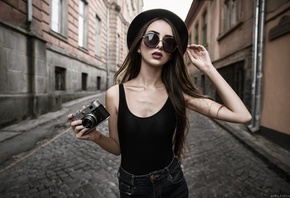 women, sunglasses, portrait, women outdoors, camera, long hair, hat