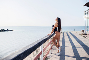 women, one-piece swimsuit, sea, tanned, ass, sneakers, long hair, women out ...