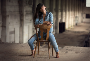 Angelina Petrova, women, sitting, chair, jeans, closed eyes, high heels, torn jeans, denim