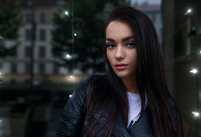 women, leather jackets, nose rings, portrait, face, depth of field, reflection, blue eyes