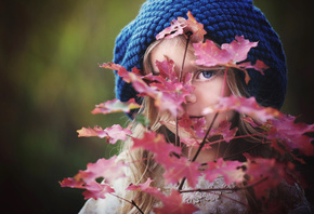 Amber Bauerle, ребёнок, девочка, берет, взгляд, ветка, листья, клён, осень