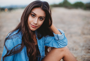 women, depth of field, smiling, denim shirt, portrait, women outdoors