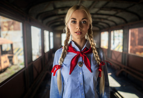 women, blonde, pigtails, shirt, portrait