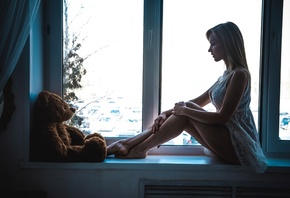 women, blonde, window sill, teddy bears, sitting, white dress