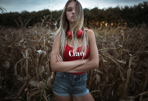 women, blonde, headphones, Paul Toma, jean shorts, portrait, women outdoors, arms crossed