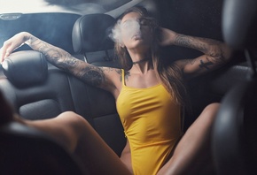 women, sitting, monokinis, tattoo, smoke, women with cars, armpits, closed  ...