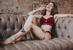 Yulia Berr, women, sitting, tattoo, brunette, Anton Harisov, Fotoshi Toshi, red lingerie, closed eyes, wall, bricks, couch