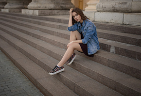 women, Sergey Fat, women outdoors, sitting, stairs, dress, Xenia Kokoreva, Ksenia Kokoreva