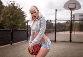 women, blonde, Asian, ball, sweater, short shorts, brunette, portrait, red nails, depth of field, women outdoors