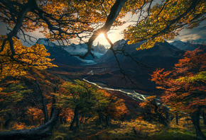 природа, осень, фото, Max Rive, Аргентина, Патагония, горы, долина, закат
