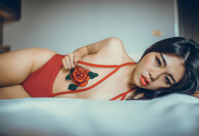 women, Asian, brunette, in bed, red lingerie