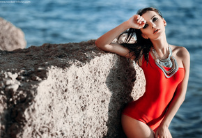 women, one-piece swimsuit, sea, depth of field, rocks, portrait, women outdoors