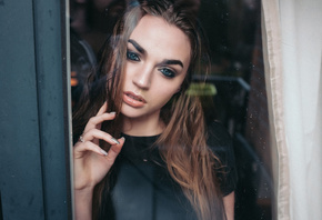 women, glass, blue eyes, reflection, portrait