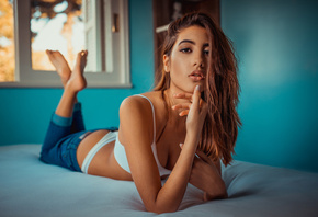 women, tanned, white lingerie, jeans, in bed, lying on front, ass