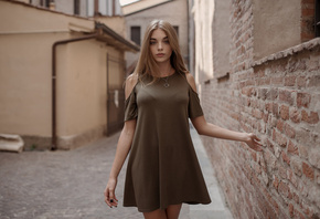 women, portrait, dress, women outdoors, necklace, black nails