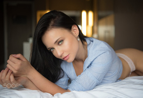 women, Angelina Petrova, white panties, shirt, in bed, lying on front, depth of field