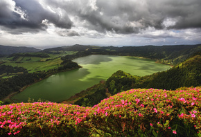 озеро, Sete Cidades, Сети-Сидадиш, Азорские острова, Португалия, природа, горы, кусты, цветы