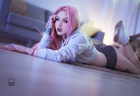 women, pink hair, dyed hair, ass, sneakers, sweater, short shorts, tattoo, nose rings, looking away, couch, depth of field, on the floor