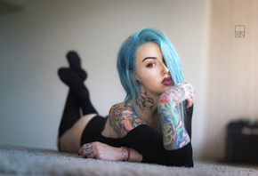 women, dyed hair, lying on front, tattoo, ass, black stockings, leotard, po ...
