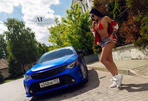 women, Alex Bazilev, tanned, bikini top, car, women outdoors, jean shorts,  ...