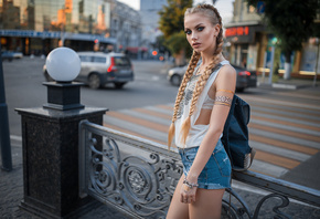 women, blonde, pigtails, women outdoors, jean shorts, blue eyes, white bra, depth of field, portrait