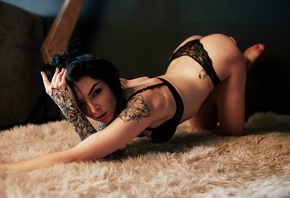 women, tanned, black hair, black lingerie, tattoo, bottom up, ass