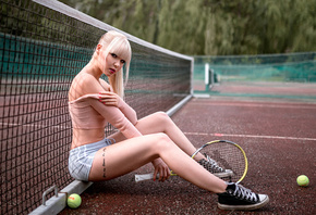 women, sitting, red nails, blonde, tennis balls, tennis rackets, tattoo, de ...