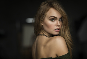 Anastasia Scheglova, women, blonde, choker, model, face, portrait, green eyes