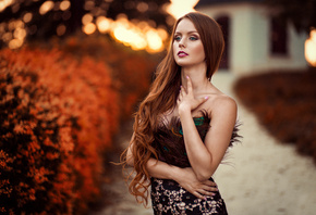 women, long hair, redhead, dress, depth of field, women outdoors, portrait, looking away, green eyes, pink nails