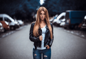 women, redhead, women outdoors, portrait, depth of field, torn jeans, freck ...