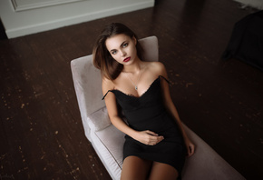 women, portrait, sitting, red lipstick, black dress, necklace