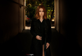women, portrait, redhead, black clothing