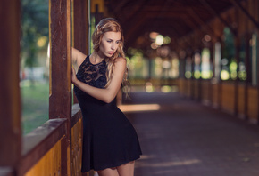 women, blonde, portrait, depth of field, black dress, necklace