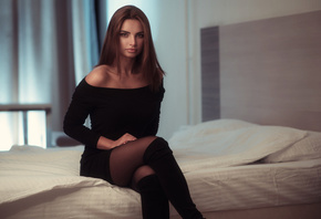 women, sitting, portrait, bed, black dress, pantyhose