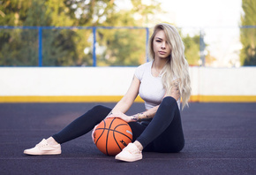 women, blonde, sitting, ball, sneakers, tattoo, yoga pants, depth of field, women outdoors, necklace