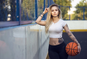 women, blonde, ball, belly, depth of field, pierced navel, tattoo, yoga pan ...