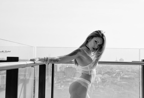 women, balcony, ass, tattoo, choker, white lingerie, portrait, monochrome