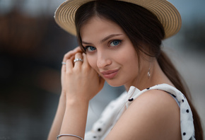 women, hat, face, portrait, blue eyes