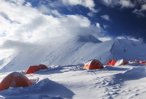 палатки, снег, горы, небо, Вершина Раздельная, 6100м, Vitaliy Rage
