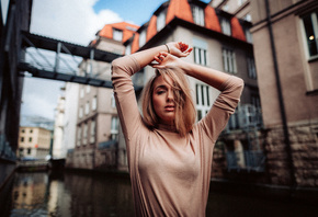 women, blonde, portrait, depth of field, women outdoors