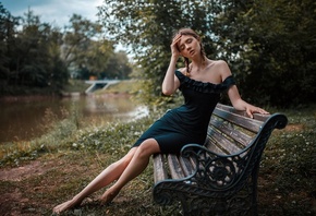 women, portrait, river, women outdoors, dress, brunette, depth of field, pigtails, bench, closed eyes, sitting, Disha Shemetova