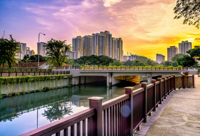 Singapore, Сингапур, город, здания, дома, река, мост, ограждение