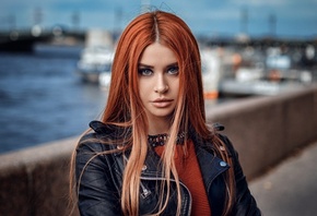 Dana Bounty, women, redhead, portrait, leather jackets, depth of field, women outdoors