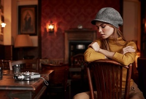women, Anastasia Scheglova, blonde, portrait, model, chair, table, sitting, camera, tattoo, arms crossed