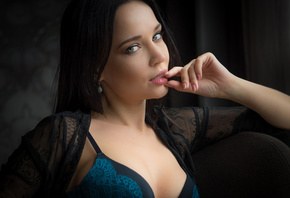 women, Angelina Petrova, finger on lips, lingerie, portrait, model