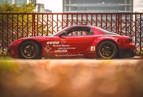 Mazda, Rx-7, red, cars, Rocket Bunny