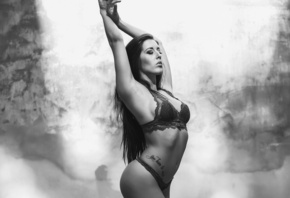 women, Roman Prosek, Barbora Zavadilova, monochrome, ass, arms up, belly, closed eyes, tattoo, armpits, lingerie, long hair