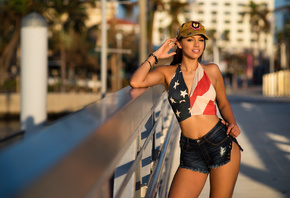 women, tanned, baseball caps, jean shorts, depth of field, women outdoors, smiling, portrait